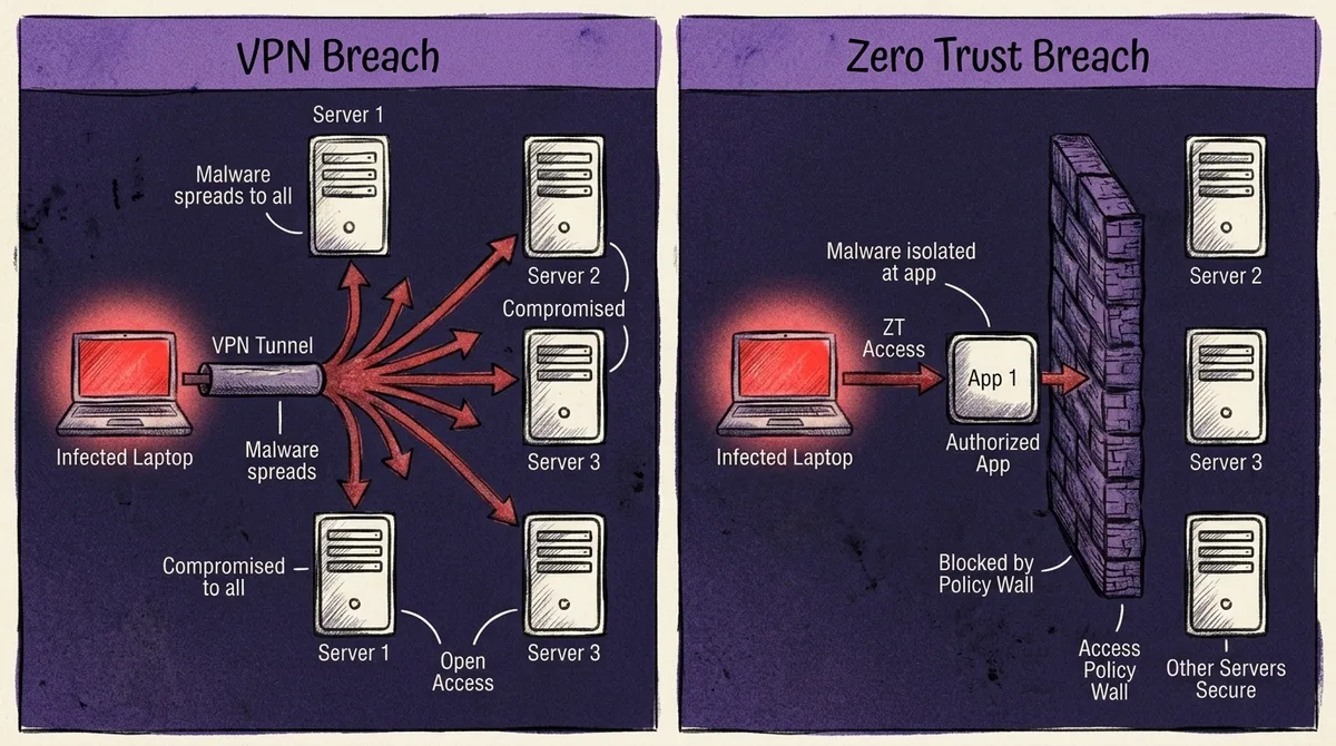 Diagram comparison - Kiri: "VPN Breach" - 1 laptop terinfeksi, terhubung VPN, malware menyebar ke semua server (panah me