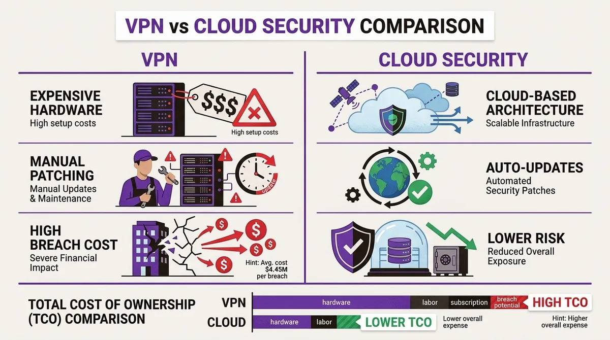 Tabel perbandingan visual VPN vs Zscaler - dua kolom dengan ikon: Kiri (VPN) menunjukkan hardware mahal, patch manual, b