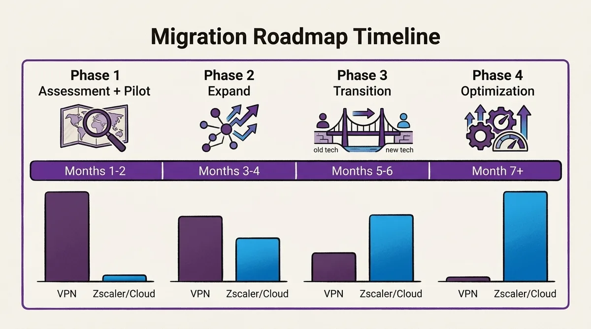 Roadmap timeline horizontal 4 fase migrasi VPN ke Zero Trust - Fase 1 "Assessment + Pilot" (bulan 1-2), Fase 2 "Expand"
