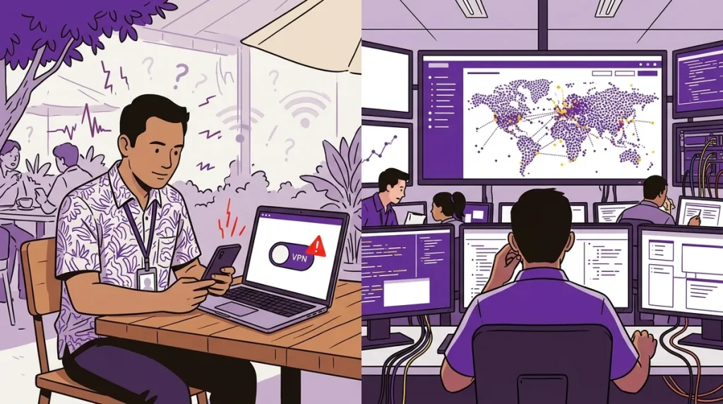 Caption: Hero — sales rep Indonesia di lapangan (laptop + HP), VPN icon off/red; background split: kiri cafe WiFi publik (warning), kanan dashboard IT overwhelmed 120 koneksi. Mood realita hybrid FMCG