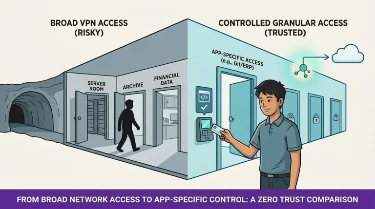 Caption: Analogi — kiri VPN lorong bawah tanah ke gedung dengan semua pintu terbuka; kanan ZPA dengan kartu akses per pintu app (ERP, Git, HRIS) dan app connector di belakang gedung tanpa IP publik. E