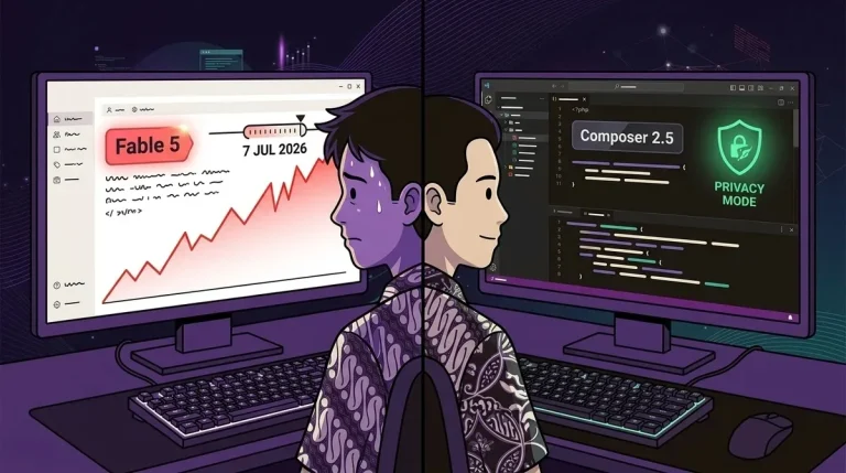 Caption: Split-screen developer Indonesia malam hari — kiri layar dengan badge 'Fable 5 · metered 7 Jul 2026' dan grafik biaya menanjak merah; kanan IDE gelap dengan badge 'Composer 2.5' dan indikator