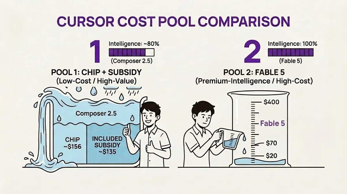 Infografik dua kolam biaya Cursor - kolam kiri besar 'Auto + Composer' (Composer 2.5, air melimpah, chip '~$156 Included