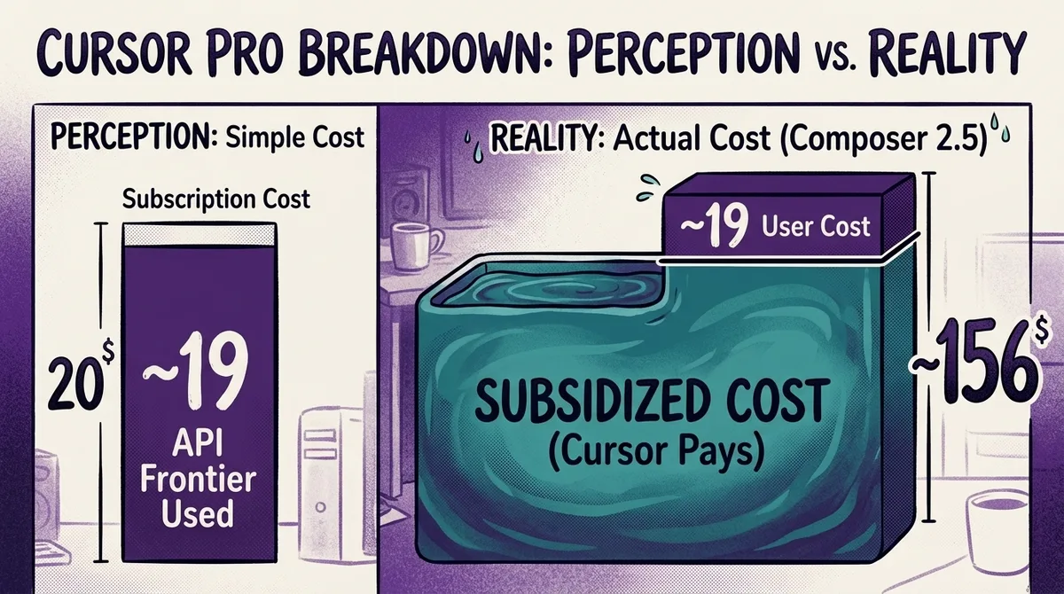 Infografik breakdown cursor pro $20 - batang bertumpuk: lapisan tipis 'Langganan $20' dan 'API frontier ~$19 terpakai',