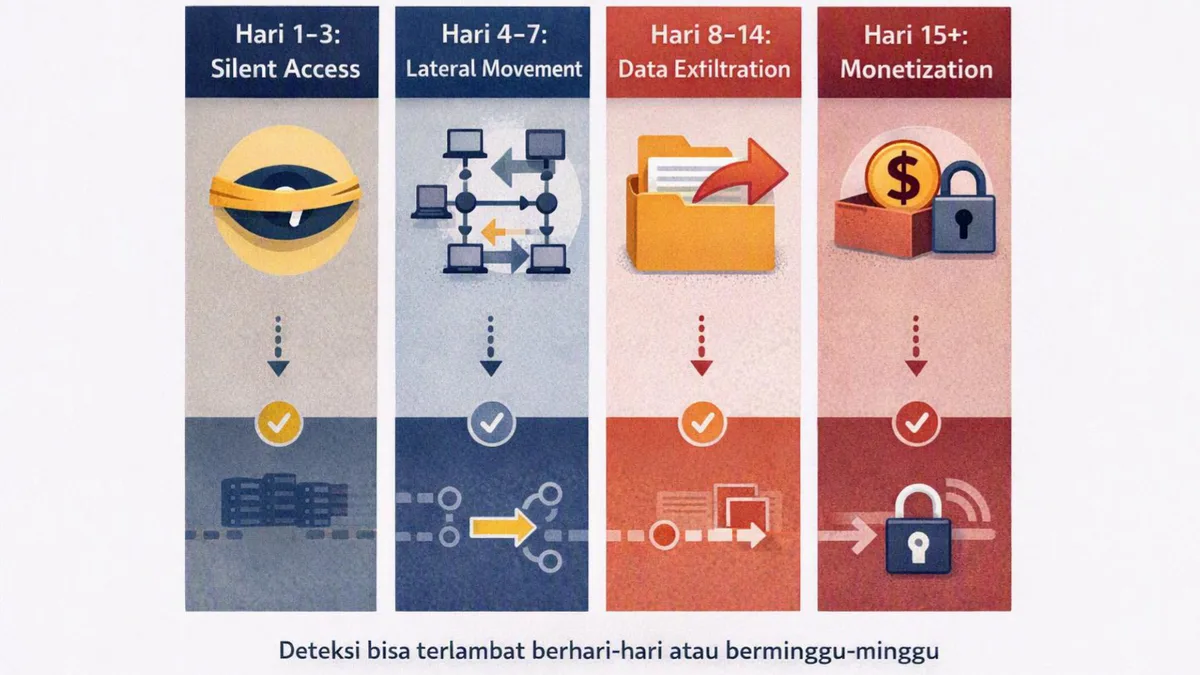 Diagram 4 fase serangan pasca-credential bocor - 4 kolom horizontal. Fase 1 "Hari 1-3: Silent Access" (mata tertutup). F