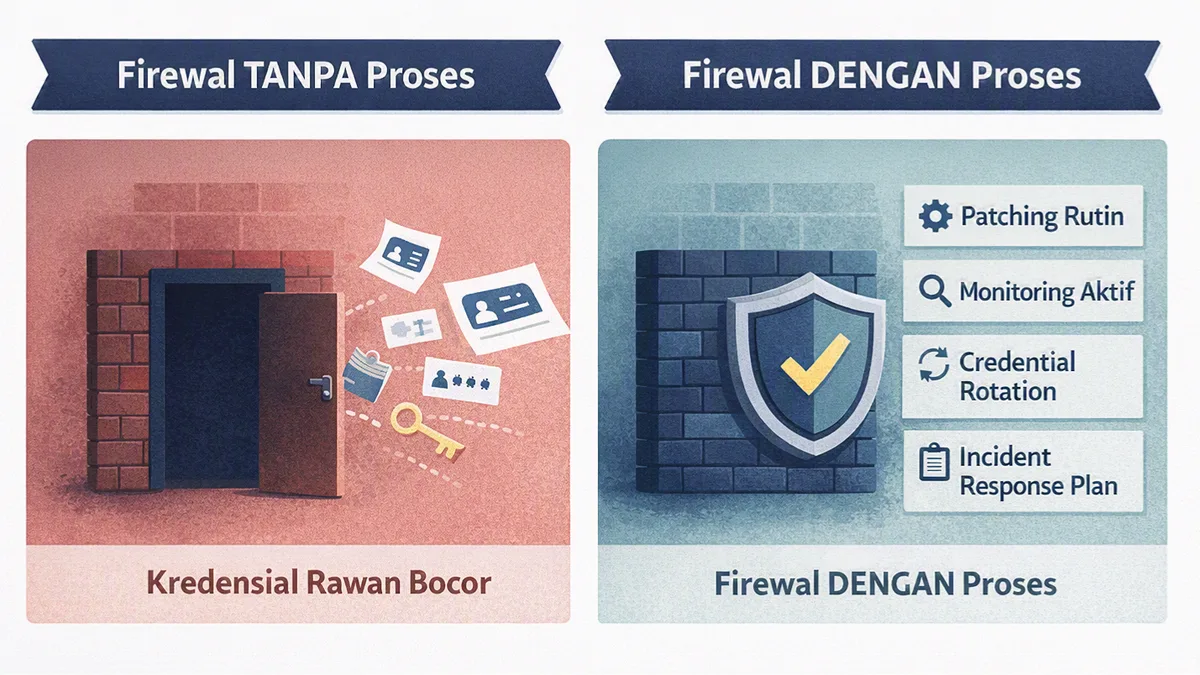 Perbandingan side-by-side - Kiri "Firewall TANPA Proses" (pintu terbuka, credential terbang keluar, label "Kredensial Ra