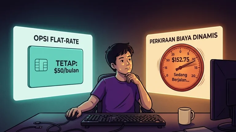 Caption: Hero: developer Indonesia malam di IDE gelap; dua chip model 'Grok 4.5' hijau murah vs 'Fable 5' merah metered; latar abstrak teal-amber tanpa merek. Mood: default baru setelah tarif naik. 16