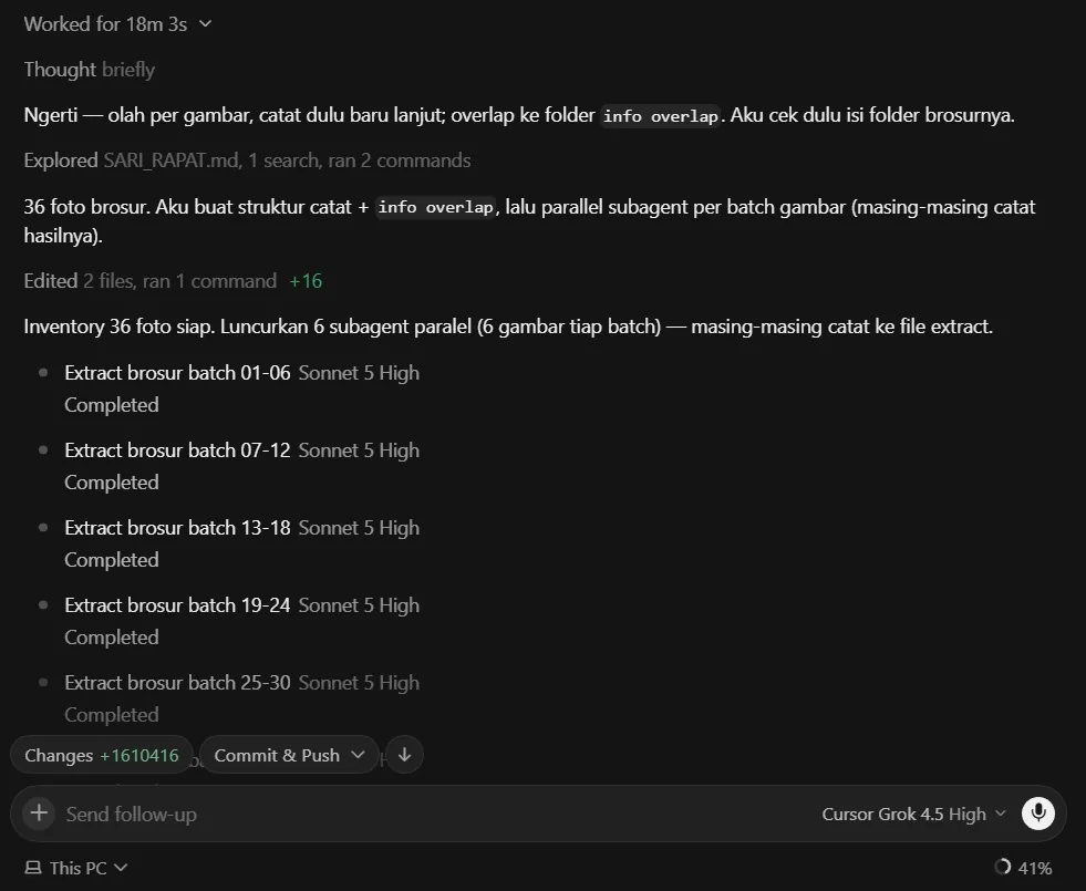 Screenshot sesi Cursor: Grok 4.5 High sebagai model pengarah mengorkestrasi beberapa agent Sonnet 5. Bukti lapangan KIN