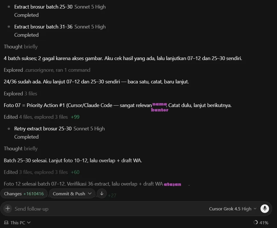 Screenshot lanjutan sesi orkestrasi Grok 4.5 High + Sonnet 5 di Cursor. Bukti lapangan KIN 9 Jul 2026.