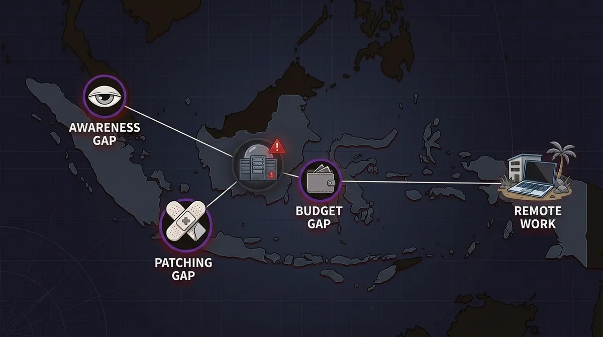 Peta/infographic kerentanan Indonesia - outline peta Indonesia dengan 4 ikon masalah tersebar: (1) 'Awareness Gap' - iko