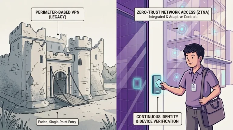 Caption: Hero — split composition: kiri kastil tua dengan parit dan jembatan gantung (legacy VPN, grey-blue), kanan gedung kantor modern kaca dengan worker hybrid Indonesia tap kartu akses di pintu, c