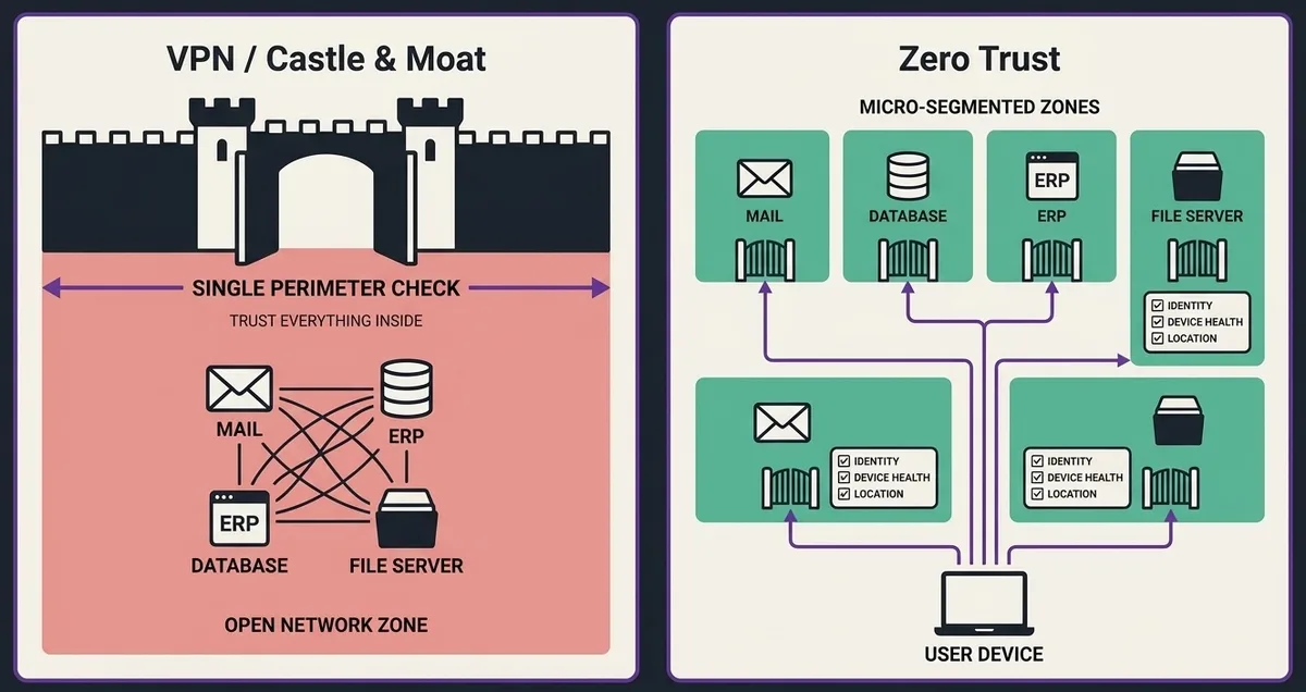 Diagram perbandingan - Kiri: "VPN / Castle & Moat" - satu gerbang besar, di dalamnya semua terhubung flat (1 zona) - Kan