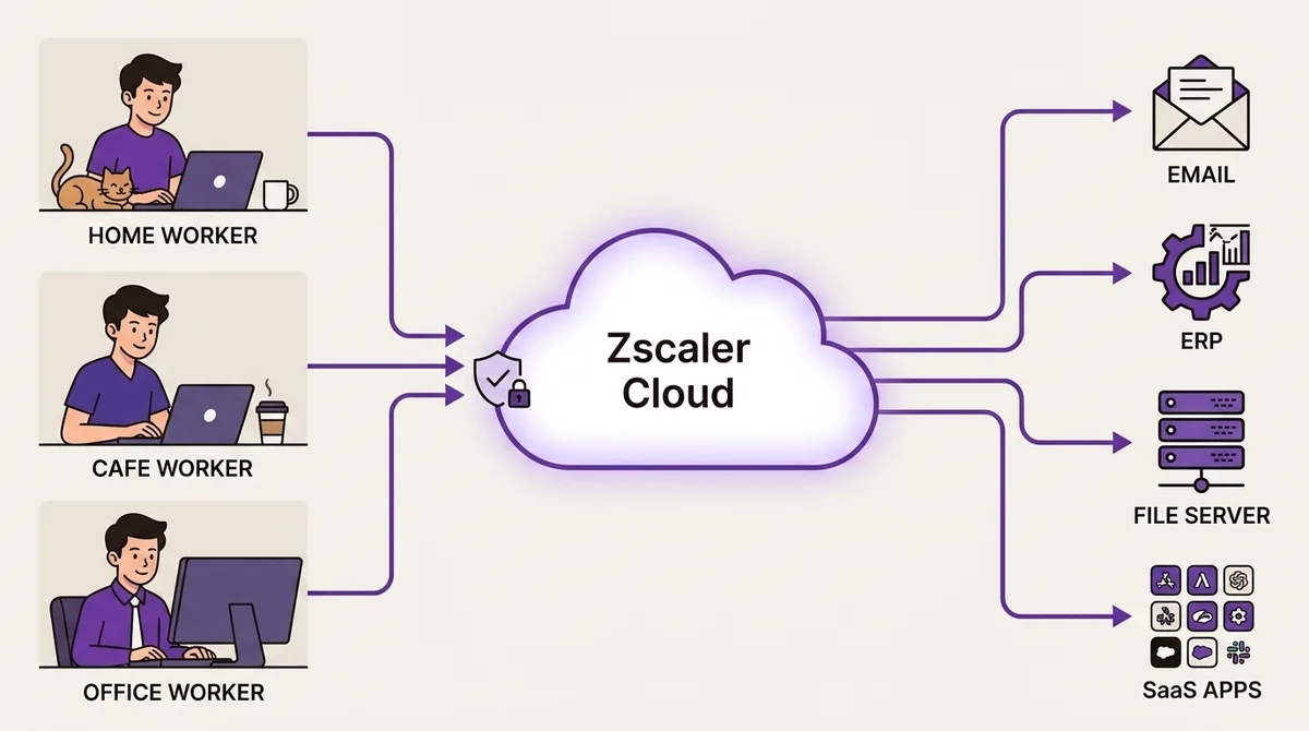 Diagram arsitektur Zscaler - karyawan di berbagai lokasi (rumah, cafe, kantor) → panah menuju "Zscaler Cloud" (awan biru