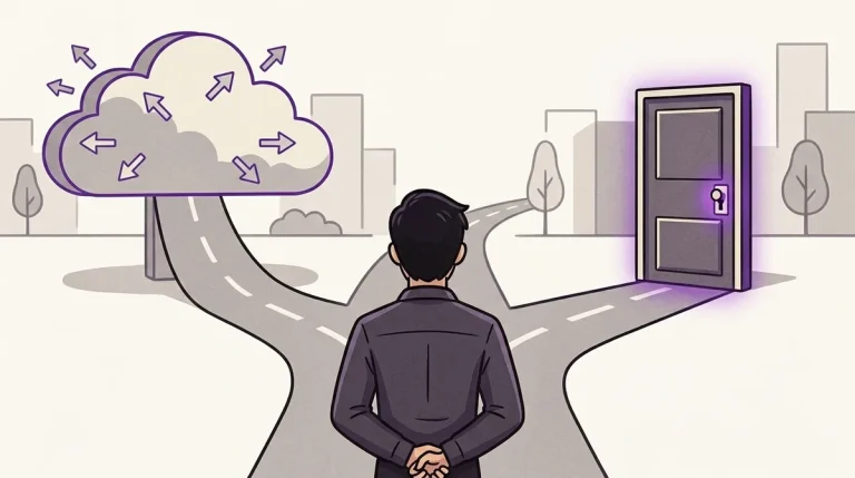 Caption: Decision fork — IT manager di persimpangan tiga jalan: ZIA (cloud keluar ke internet), ZPA (pintu app internal), Both (jalan tengah merge). Signpost clean infographic teal, 16:9, no readable