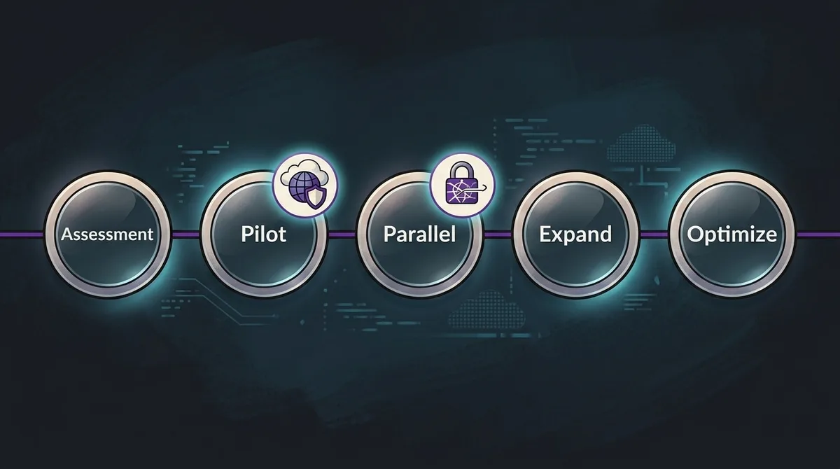 Timeline 5 fase horizontal - Assessment → Pilot → Parallel → Expand → Optimize - dengan badge ZPA or ZIA on phase 2-3. R