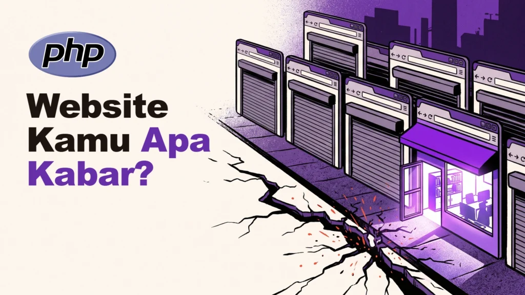Ilustrasi deretan jendela browser berbentuk toko yang menurunkan rolling door, satu kantor di depan masih terbuka dan menyala ungu, dan retakan dengan percikan merah menjalar dari kiri. Di sisi kiri ada logo PHP dan tulisan 'Website Kamu Apa Kabar?'.