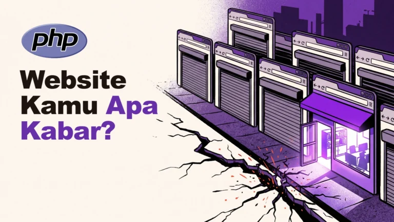 Ilustrasi deretan jendela browser berbentuk toko yang menurunkan rolling door, satu kantor di depan masih terbuka dan menyala ungu, dan retakan dengan percikan merah menjalar dari kiri. Di sisi kiri ada logo PHP dan tulisan 'Website Kamu Apa Kabar?'.
